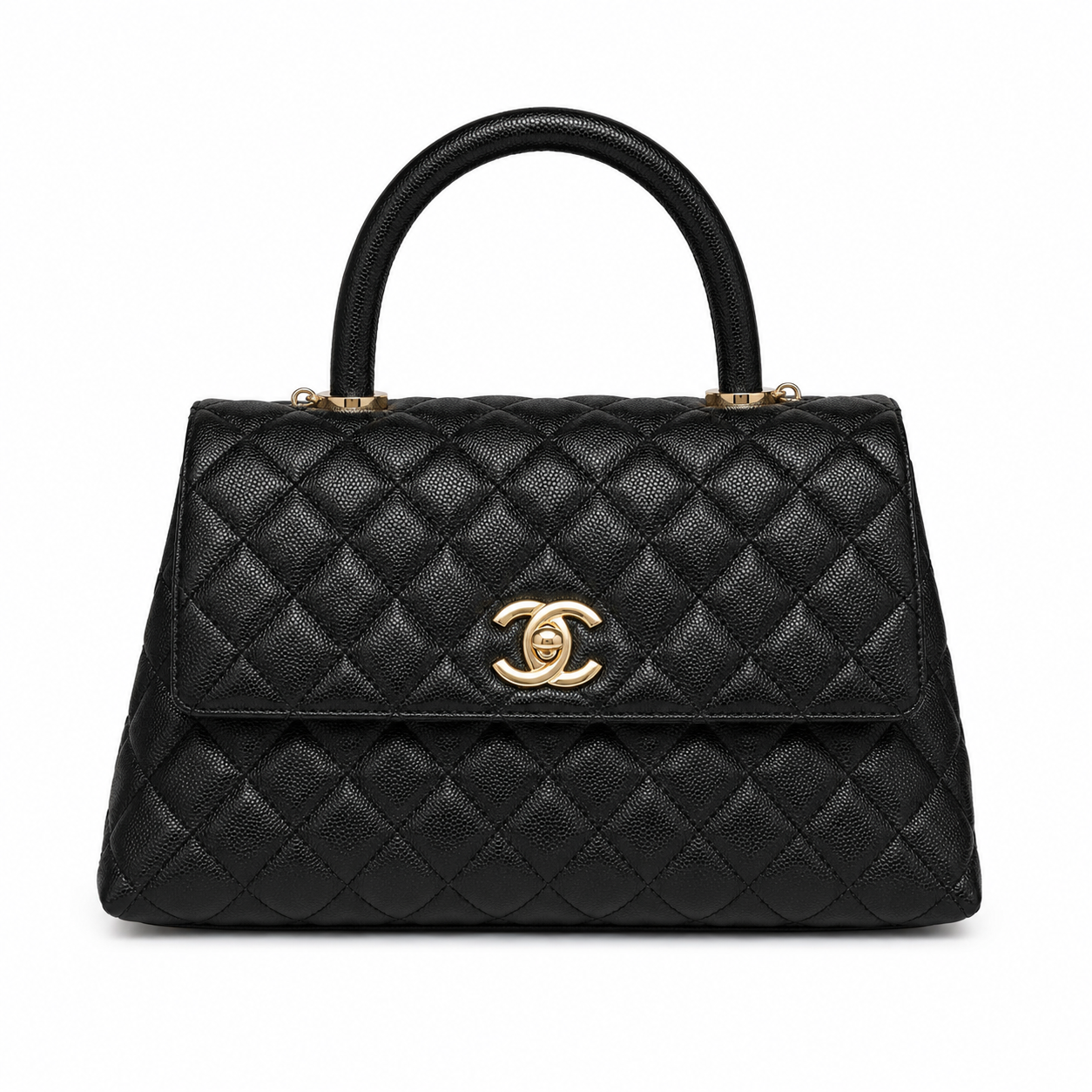 Дамска чанта - Chanel Coco Handle Flap Bag with Top Handle – Black Quilted Caviar Leather / Grained Calfskin, Gold Hardware