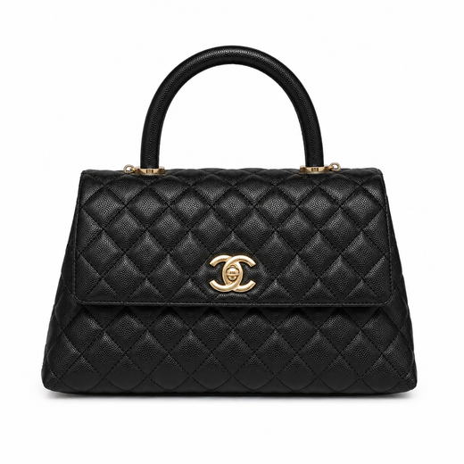 Дамска чанта - Chanel Coco Handle Flap Bag with Top Handle – Black Quilted Caviar Leather / Grained Calfskin, Gold Hardware - естествена телешка кожа