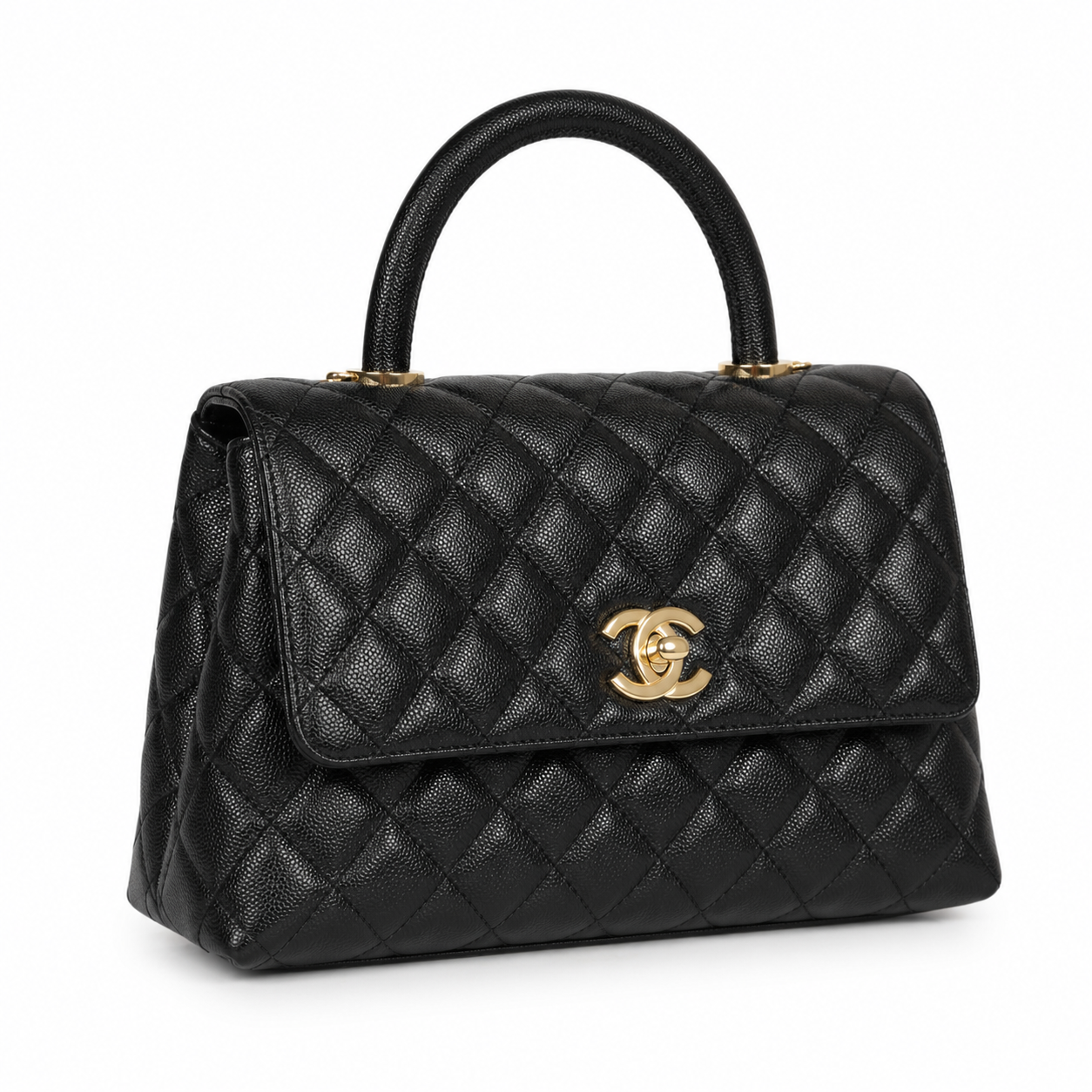 Дамска чанта - Chanel Coco Handle Flap Bag with Top Handle – Black Quilted Caviar Leather / Grained Calfskin, Gold Hardware