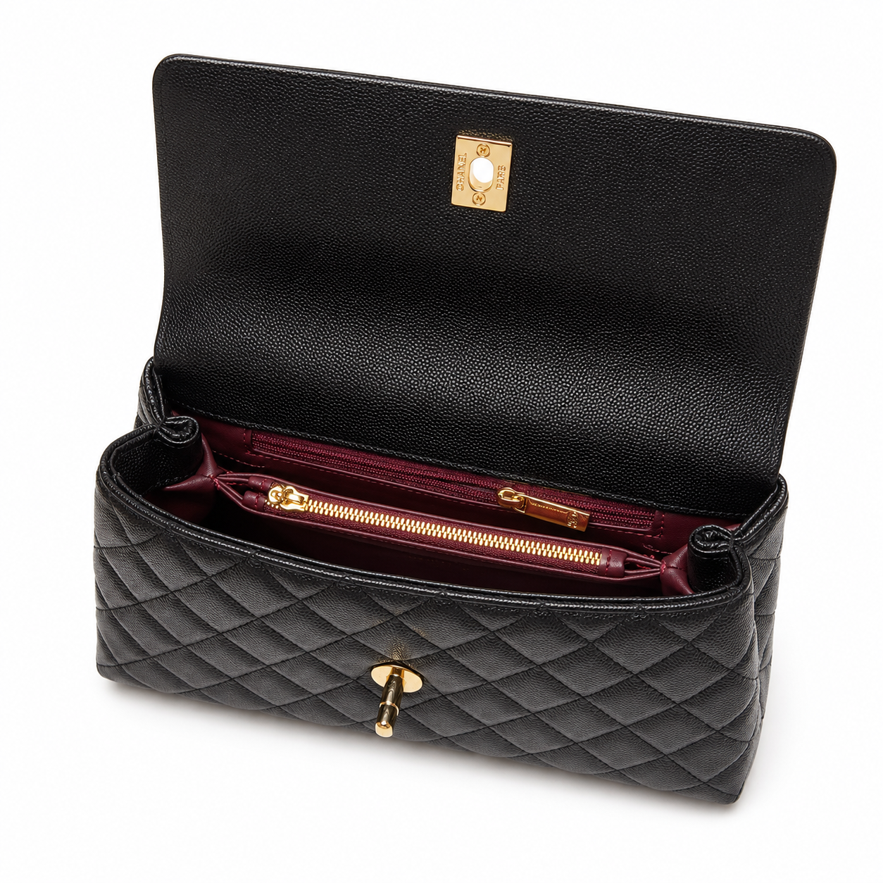 Дамска чанта - Chanel Coco Handle Flap Bag with Top Handle – Black Quilted Caviar Leather / Grained Calfskin, Gold Hardware