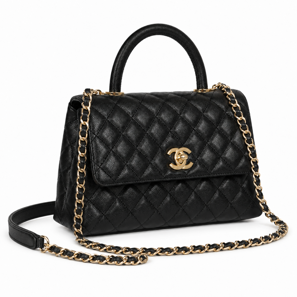 Дамска чанта - Chanel Coco Handle Flap Bag with Top Handle – Black Quilted Caviar Leather / Grained Calfskin, Gold Hardware