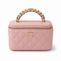 Дамска чанта - Chanel Pink Quilted Vanity Case with Pearl Chain Handle - естествена телешка кожа