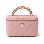 Дамска чанта - Chanel Pink Quilted Vanity Case with Pearl Chain Handle - естествена телешка кожа