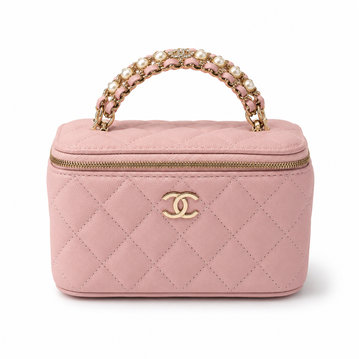 Дамска чанта - Chanel Pink Quilted Vanity Case with Pearl Chain Handle - естествена телешка кожа