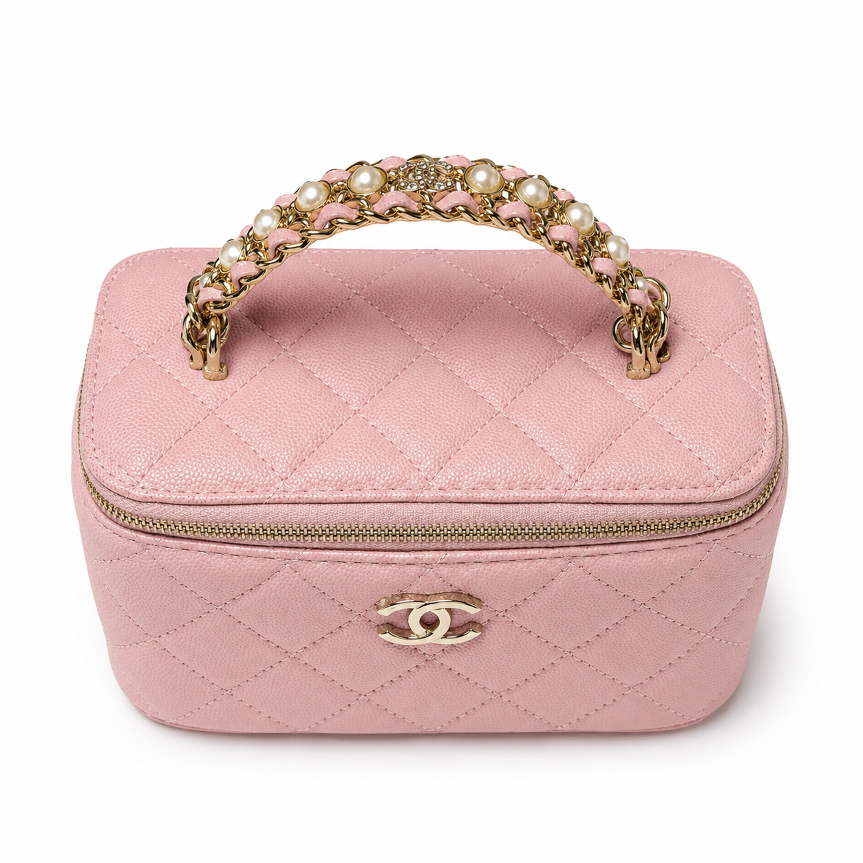 Дамска чанта - Chanel Pink Quilted Vanity Case with Pearl Chain Handle - естествена телешка кожа