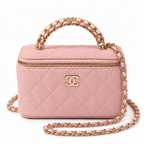 Дамска чанта - Chanel Pink Quilted Vanity Case with Pearl Chain Handle - естествена телешка кожа