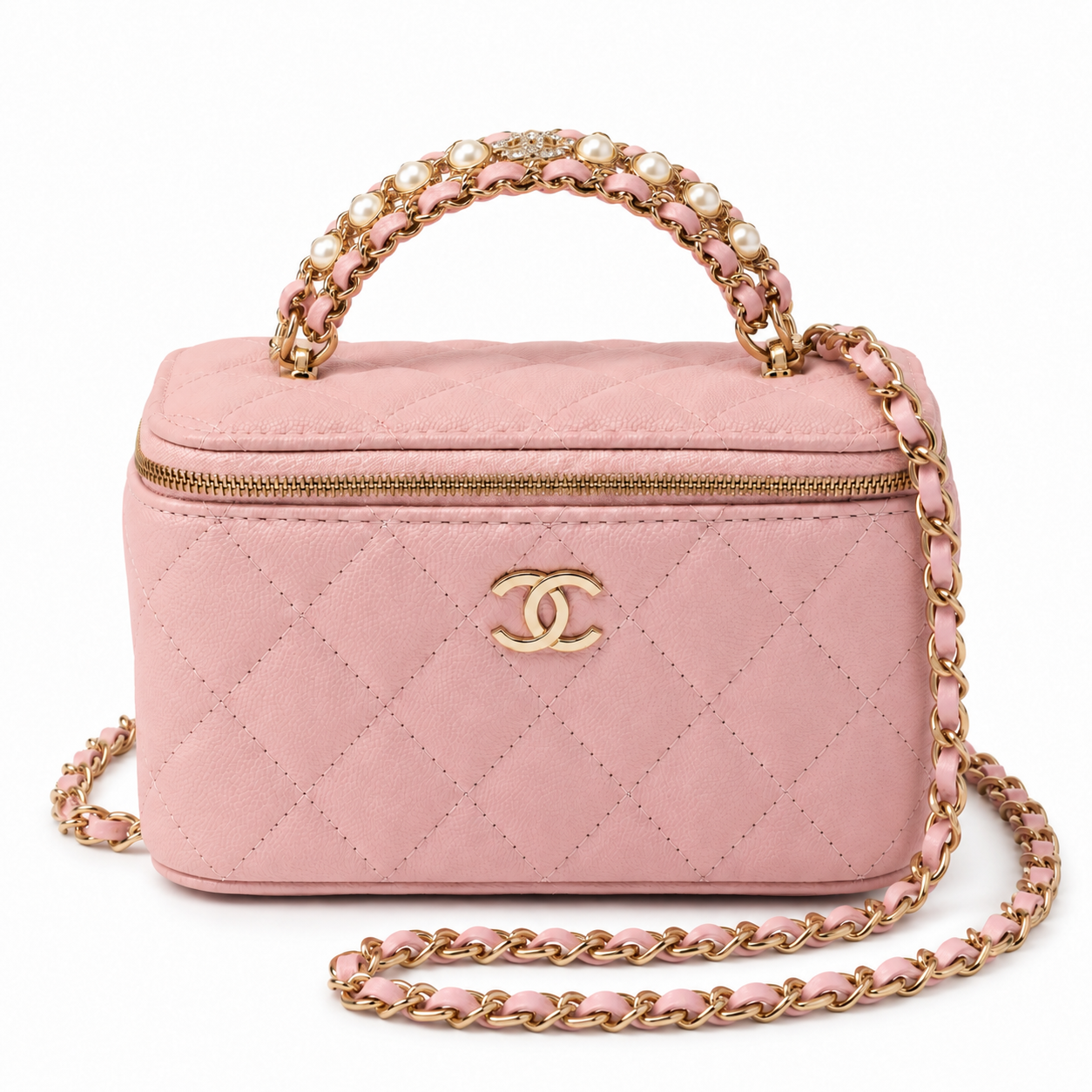 Дамска чанта - Chanel Pink Quilted Vanity Case with Pearl Chain Handle - естествена телешка кожа
