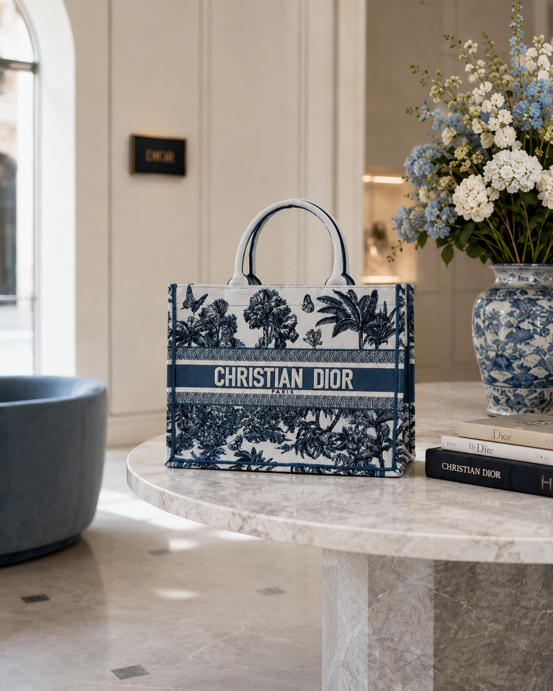 Дамска чанта - Christian Dior Book Tote – blue & white Toile de Jouy / tropical toile pattern - ръчна изработка