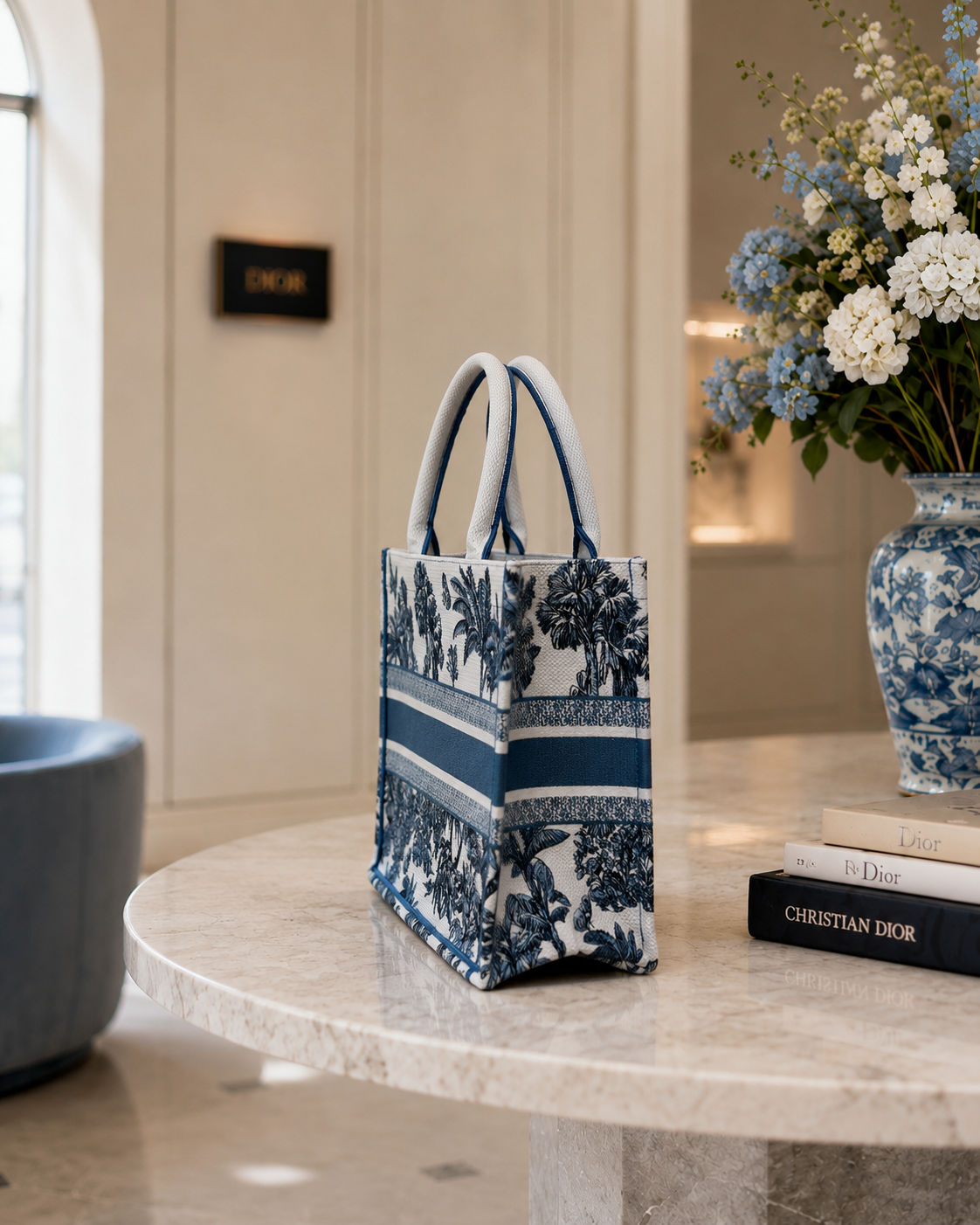 Дамска чанта - Christian Dior Book Tote – blue & white Toile de Jouy / tropical toile pattern - ръчна изработка