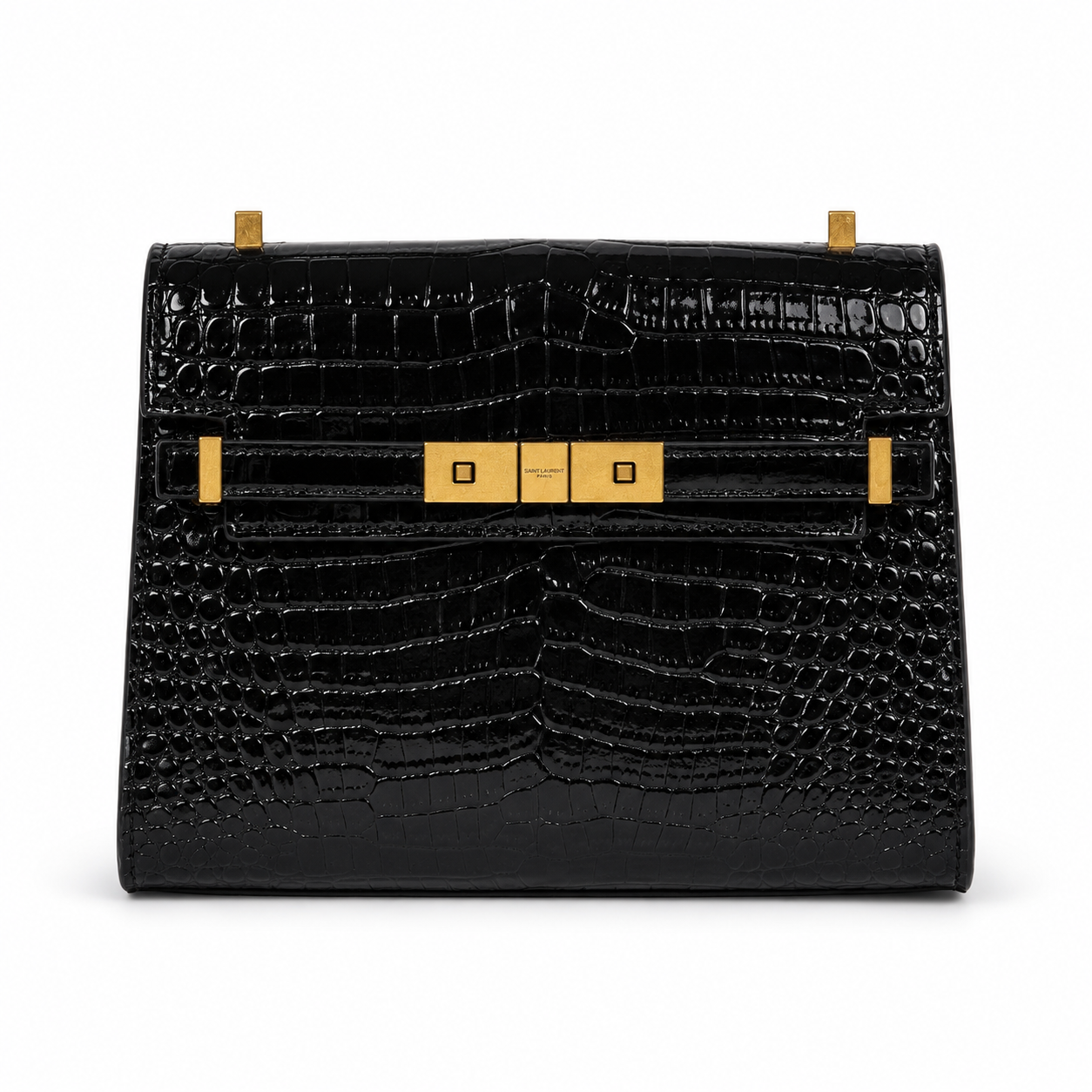 Дамска чанта - Saint Laurent Manhattan crocodile-embossed Shoulder Bag - естествена телешка лакова кожа с крокодилски ефект