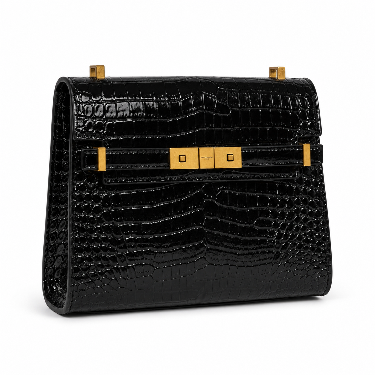 Дамска чанта - Saint Laurent Manhattan crocodile-embossed Shoulder Bag - естествена телешка лакова кожа с крокодилски ефект