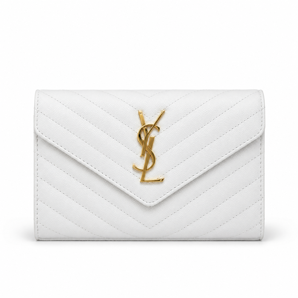 Дамска чанта - Saint Laurent Monogram Envelope Wallet on Chain in Grain de Poudre Embossed Leather – White / Gold Hardware -