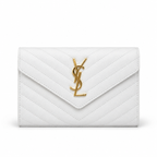 Дамска чанта - Saint Laurent Monogram Envelope Wallet on Chain in Grain de Poudre Embossed Leather – White / Gold Hardware -