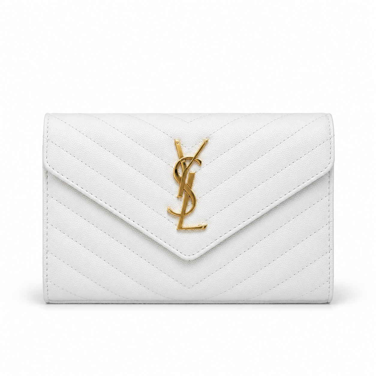Дамска чанта - Saint Laurent Monogram Envelope Wallet on Chain in Grain de Poudre Embossed Leather – White / Gold Hardware -