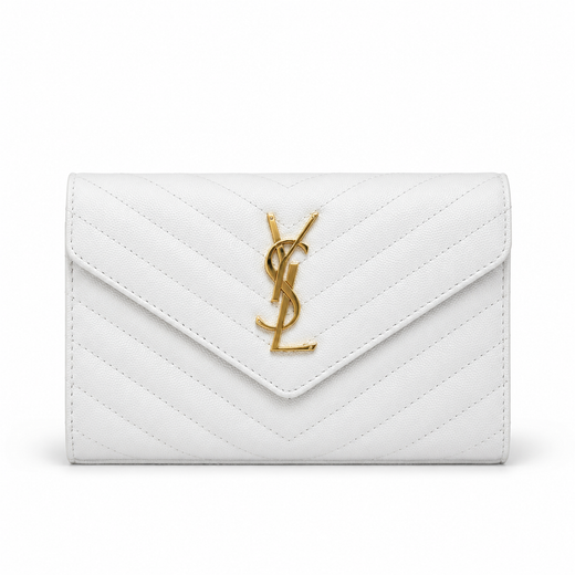 Дамска чанта - Saint Laurent Monogram Envelope Wallet on Chain in Grain de Poudre Embossed Leather – White / Gold Hardware - естествена телешка кожа