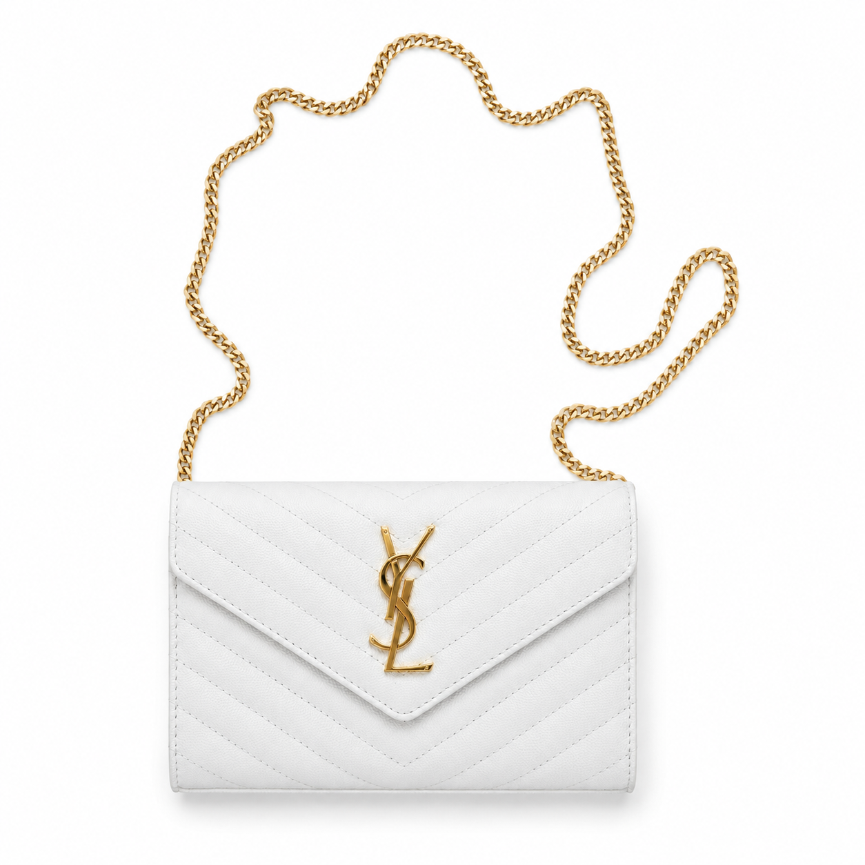 Дамска чанта - Saint Laurent Monogram Envelope Wallet on Chain in Grain de Poudre Embossed Leather – White / Gold Hardware -